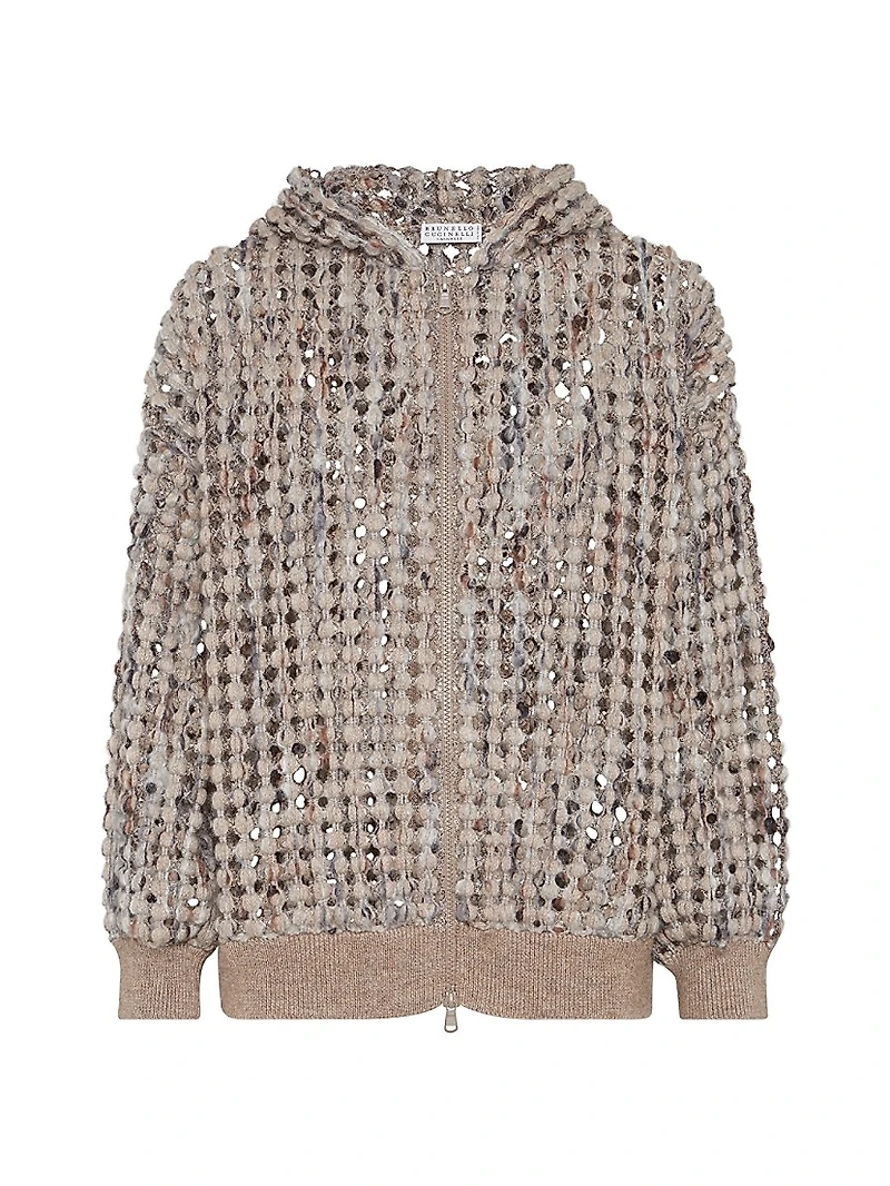 Virgin Wool Cashmere and Mohair Balloon Net Embroidery Cardigan with Hood