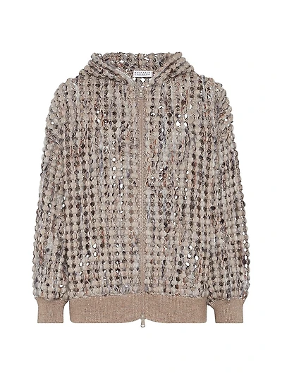Virgin Wool Cashmere and Mohair Balloon Net Embroidery Cardigan with Hood