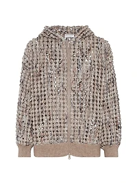 Virgin Wool Cashmere and Mohair Balloon Net Embroidery Cardigan with Hood