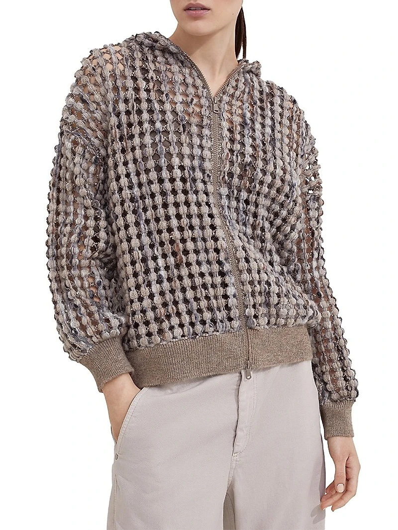 Virgin Wool Cashmere and Mohair Balloon Net Embroidery Cardigan with Hood