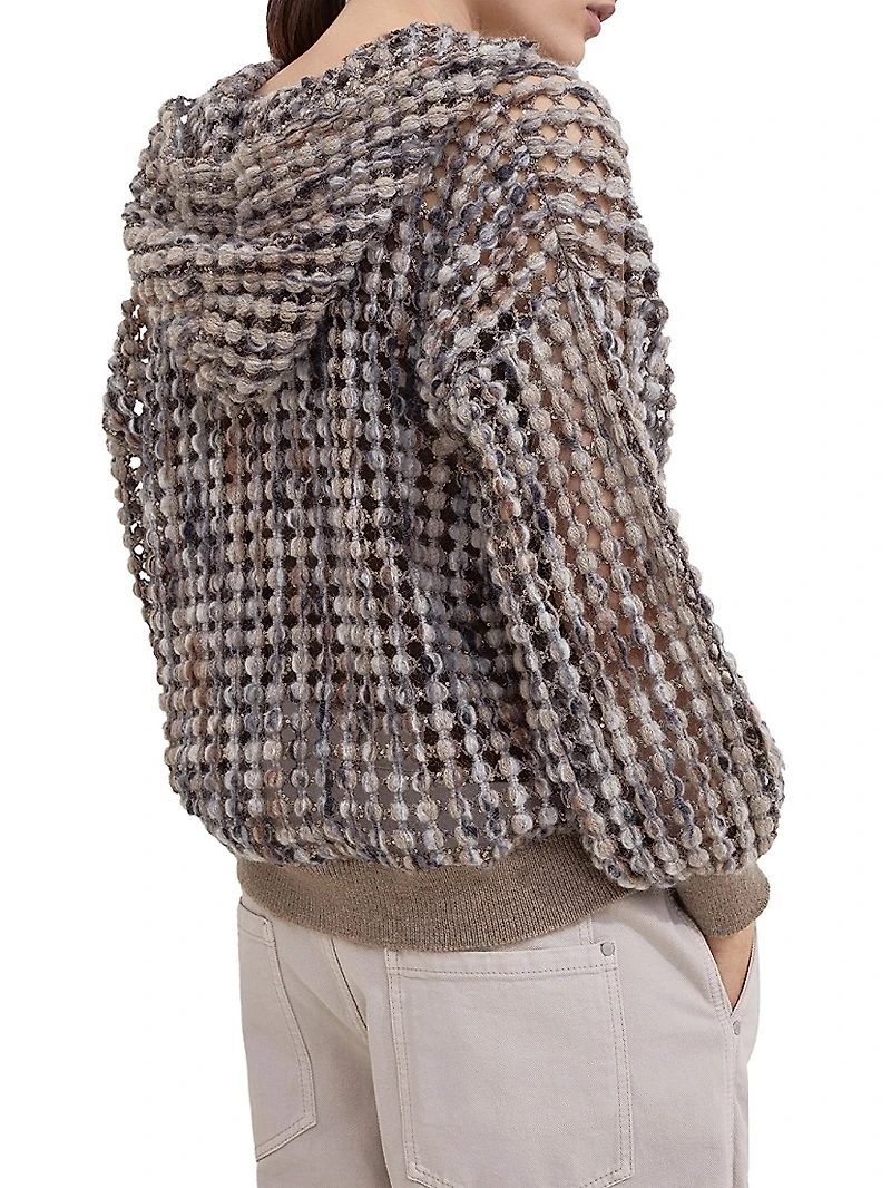 Virgin Wool Cashmere and Mohair Balloon Net Embroidery Cardigan with Hood