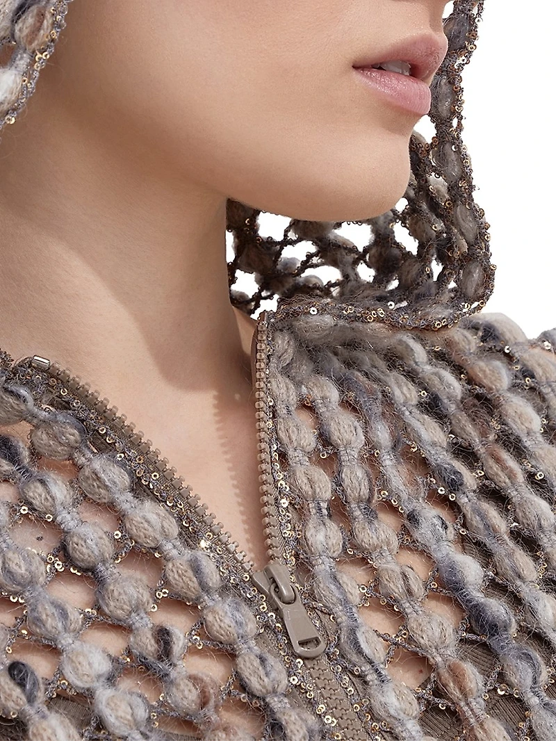 Virgin Wool Cashmere and Mohair Balloon Net Embroidery Cardigan with Hood