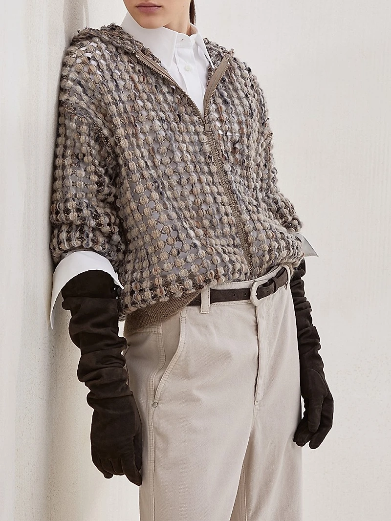 Virgin Wool Cashmere and Mohair Balloon Net Embroidery Cardigan with Hood