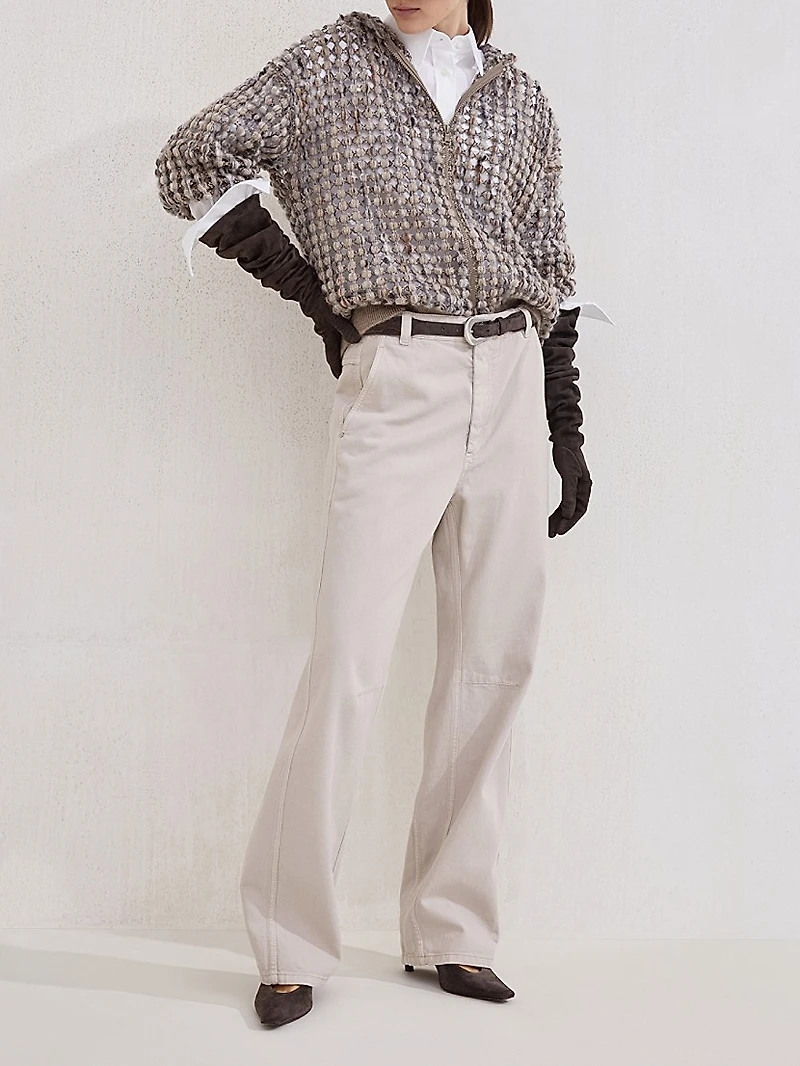 Virgin Wool Cashmere and Mohair Balloon Net Embroidery Cardigan with Hood