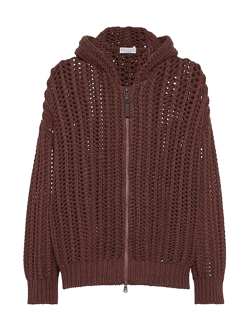Openwork Rib Hooded Cardigan Cashmere Feather Yarn