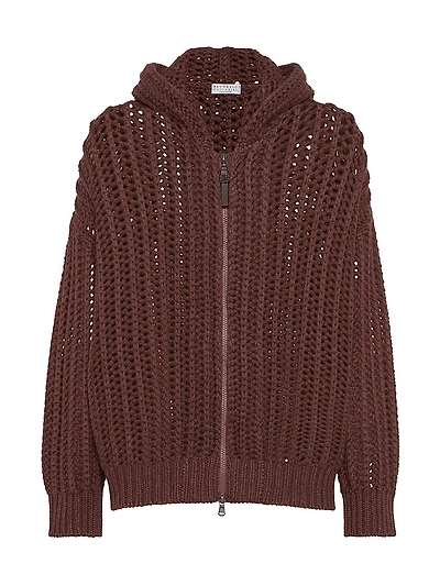 Openwork Rib Hooded Cardigan Cashmere Feather Yarn