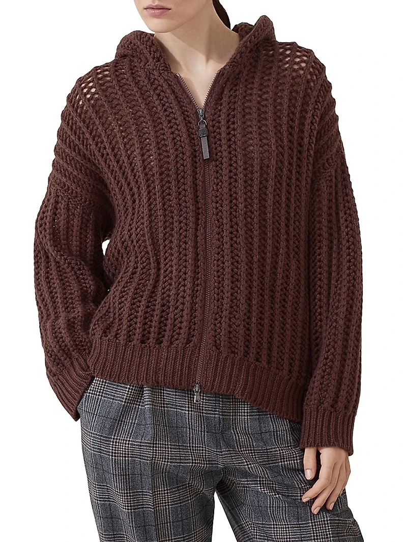 Openwork Rib Hooded Cardigan Cashmere Feather Yarn