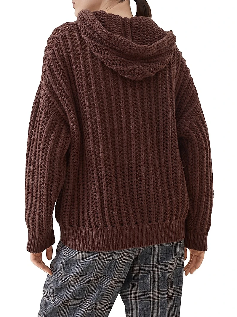 Openwork Rib Hooded Cardigan Cashmere Feather Yarn