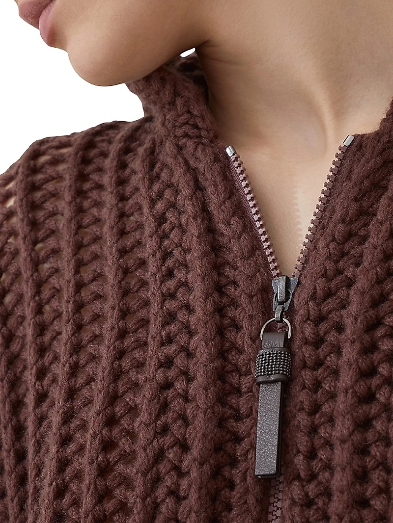 Openwork Rib Hooded Cardigan Cashmere Feather Yarn