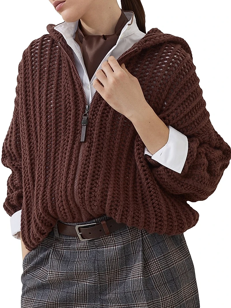 Openwork Rib Hooded Cardigan Cashmere Feather Yarn