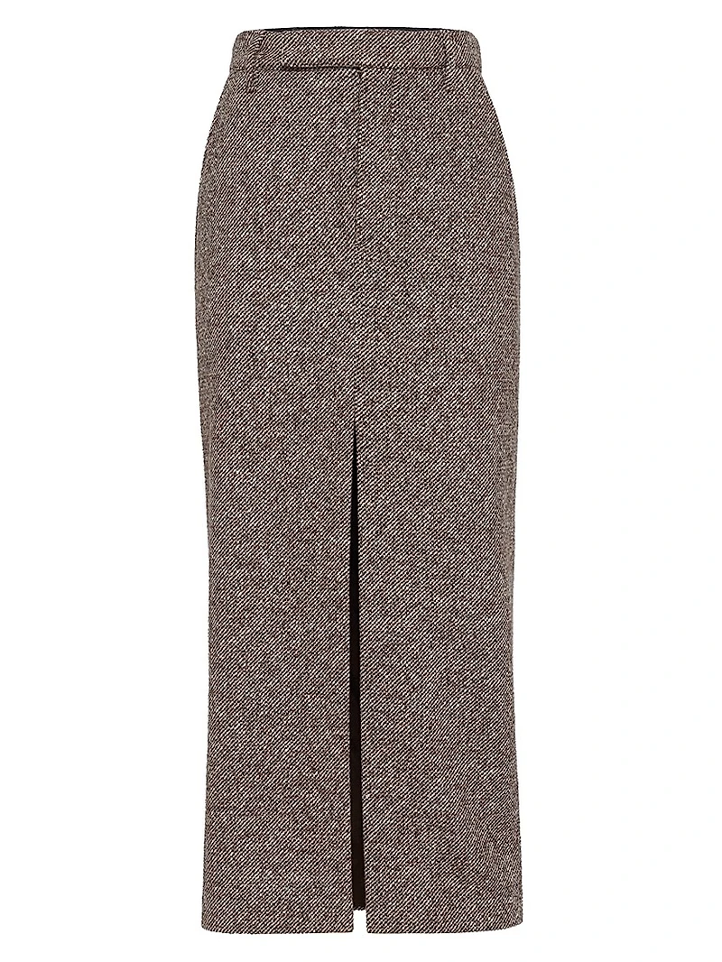 Virgin Wool and Silk Mélange Diagonal Sartorial Pencil Skirt with Monili