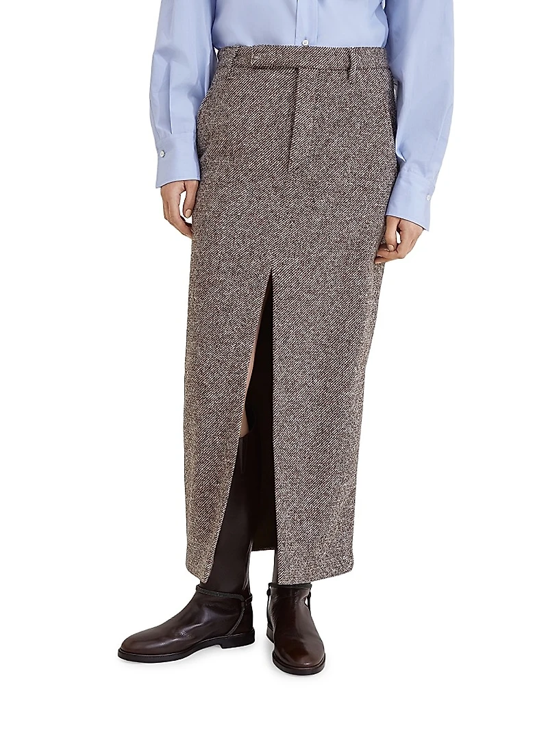 Virgin Wool and Silk Mélange Diagonal Sartorial Pencil Skirt with Monili