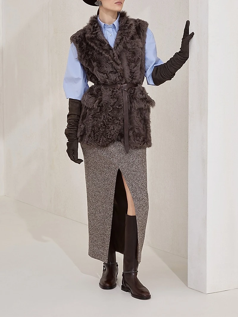 Virgin Wool and Silk Mélange Diagonal Sartorial Pencil Skirt with Monili