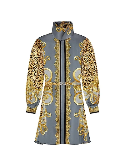 Cheetah Silk Scarf Belted Minidress