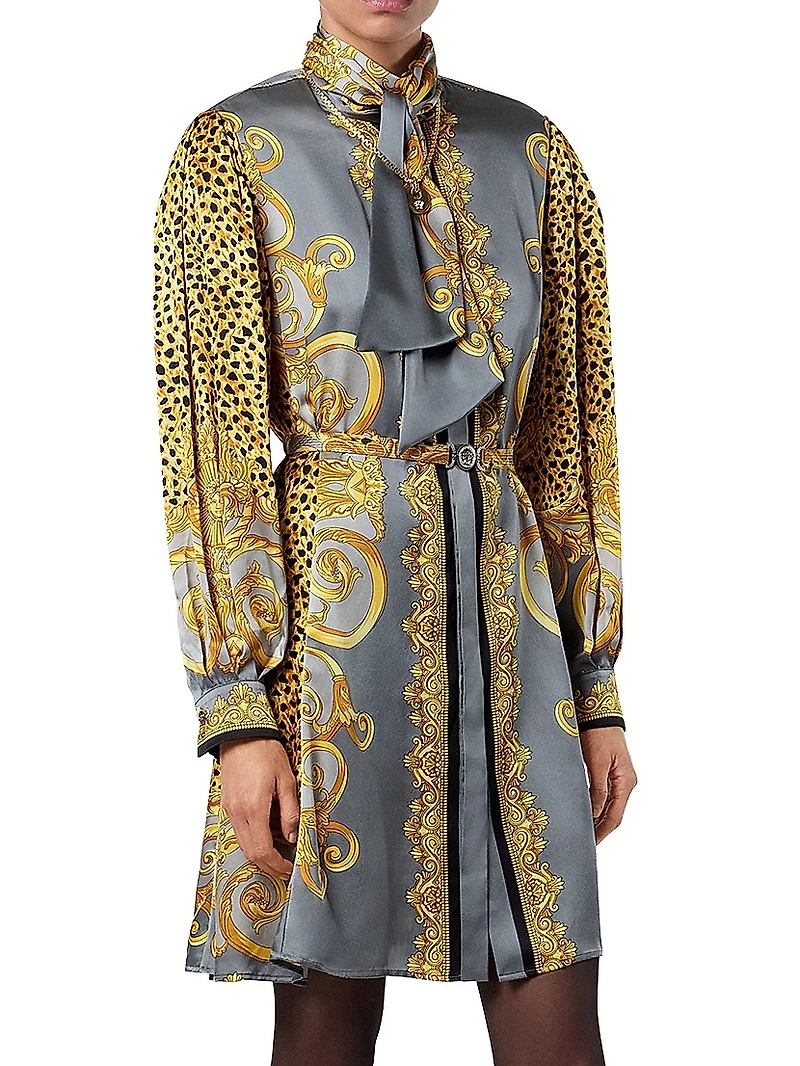 Cheetah Silk Scarf Belted Minidress