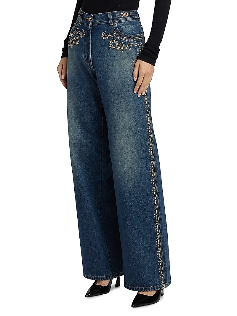 Embellished High-Rise Wide-Leg Jeans