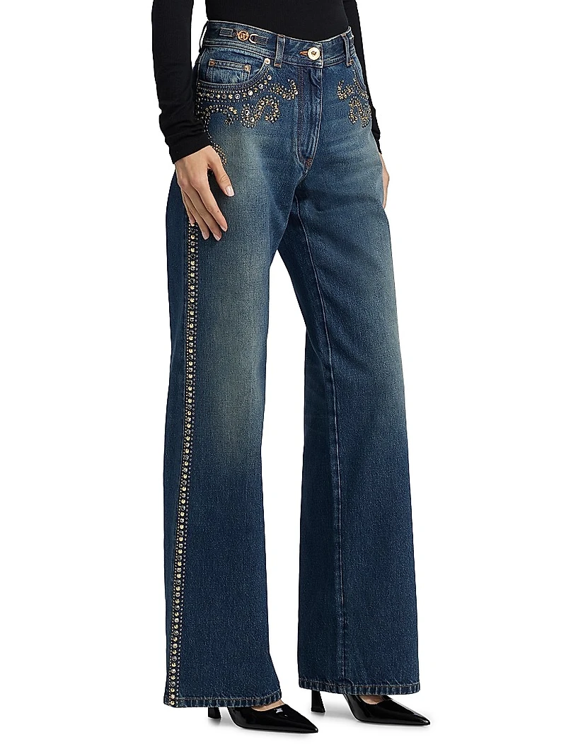 Embellished High-Rise Wide-Leg Jeans