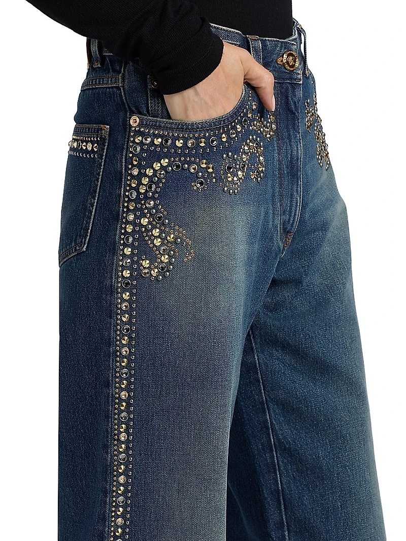 Embellished High-Rise Wide-Leg Jeans