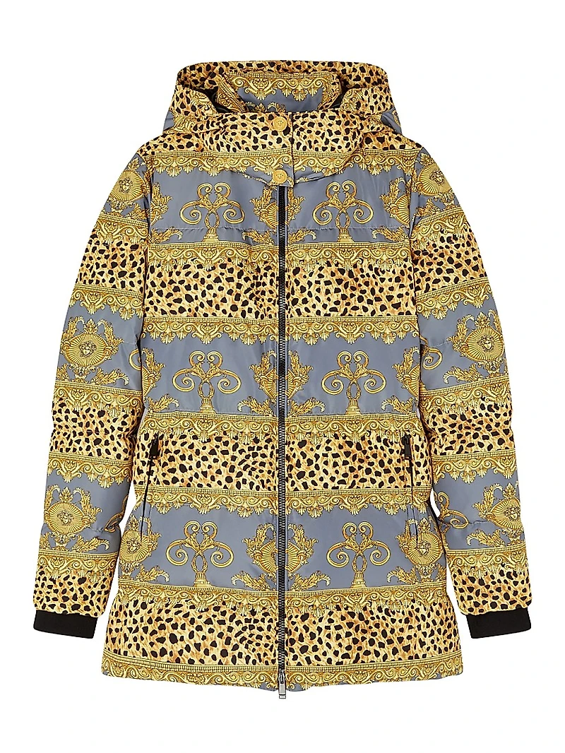 Cheetah-Stripe Down Hooded Jacket