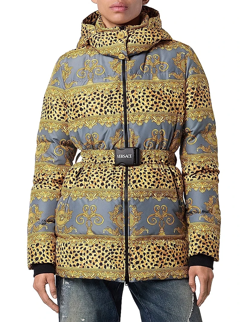 Cheetah-Stripe Down Hooded Jacket
