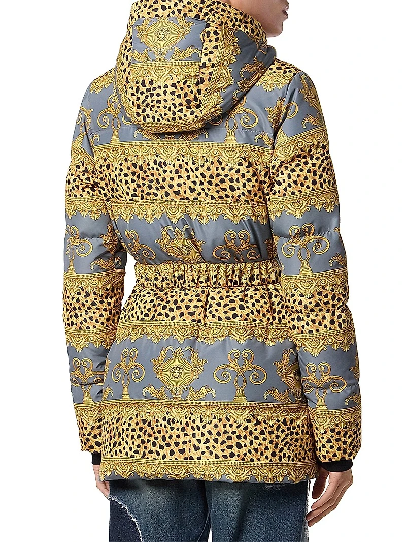 Cheetah-Stripe Down Hooded Jacket