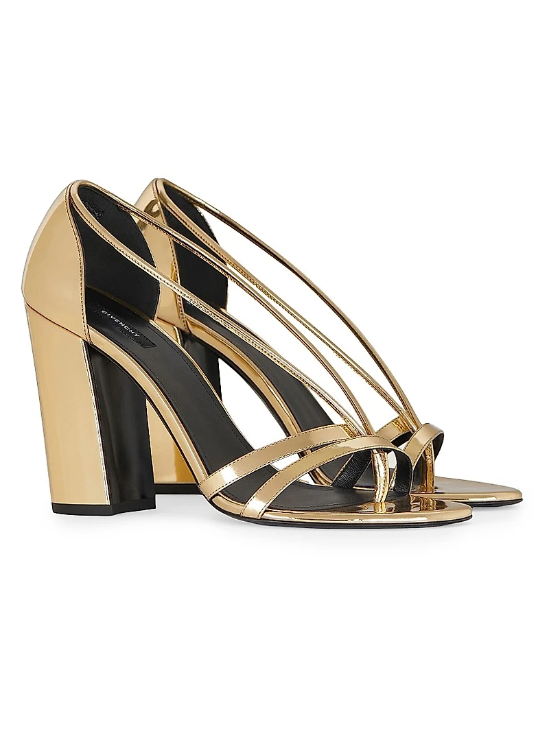 Block Heeled Sandals Mirror Effect Leather