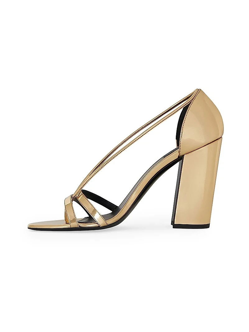 Block Heeled Sandals Mirror Effect Leather