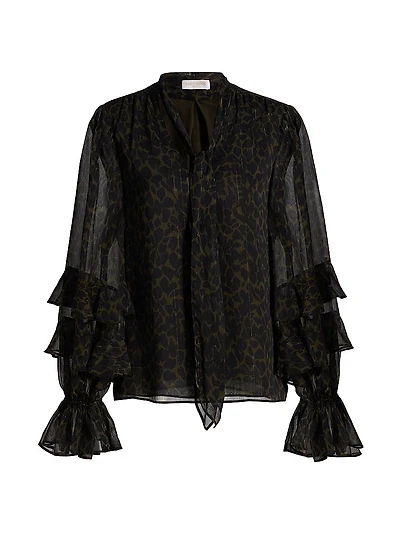 Foliage Bonnie Leopard Print Ruffle Blouse