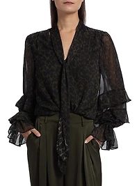 Foliage Bonnie Leopard Print Ruffle Blouse