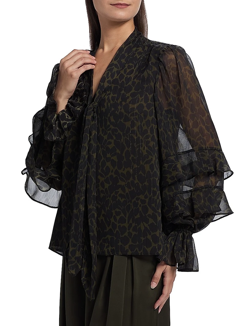 Foliage Bonnie Leopard Print Ruffle Blouse