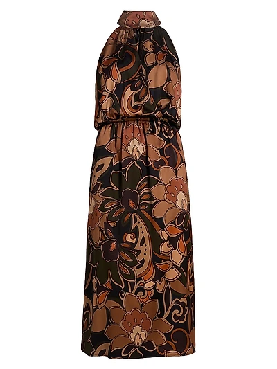 Grace Floral Stretch-Silk Halterneck Midi-Dress