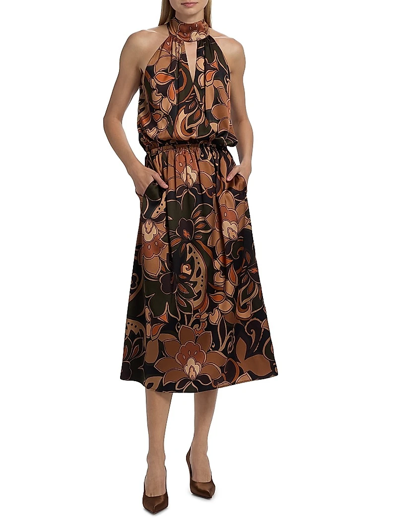 Grace Floral Stretch-Silk Halterneck Midi-Dress