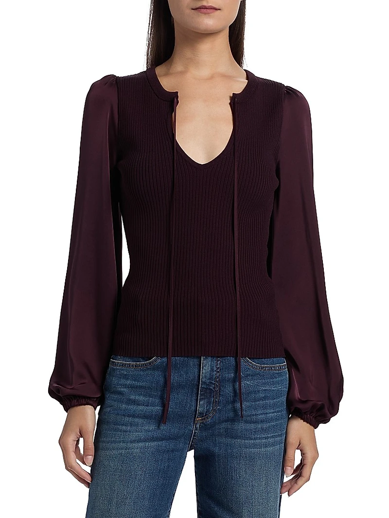 Shelly Ribbed-Knit Balloon-Sleeve Sweater