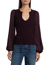 Shelly Ribbed-Knit Balloon-Sleeve Sweater