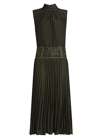 Kimberly Embroidered Pleated Midi-Dress
