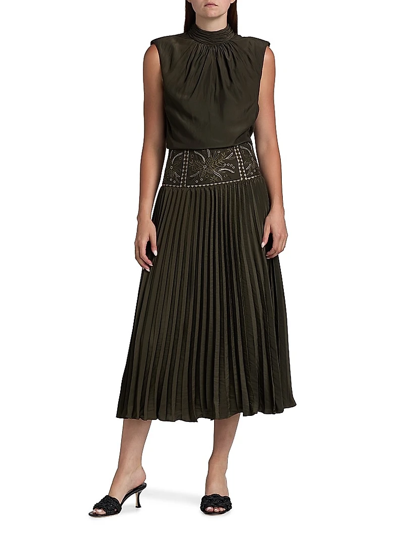 Kimberly Embroidered Pleated Midi-Dress