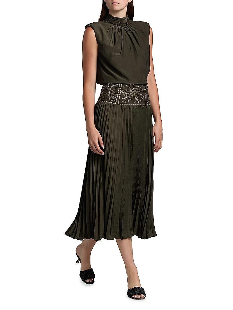 Kimberly Embroidered Pleated Midi-Dress