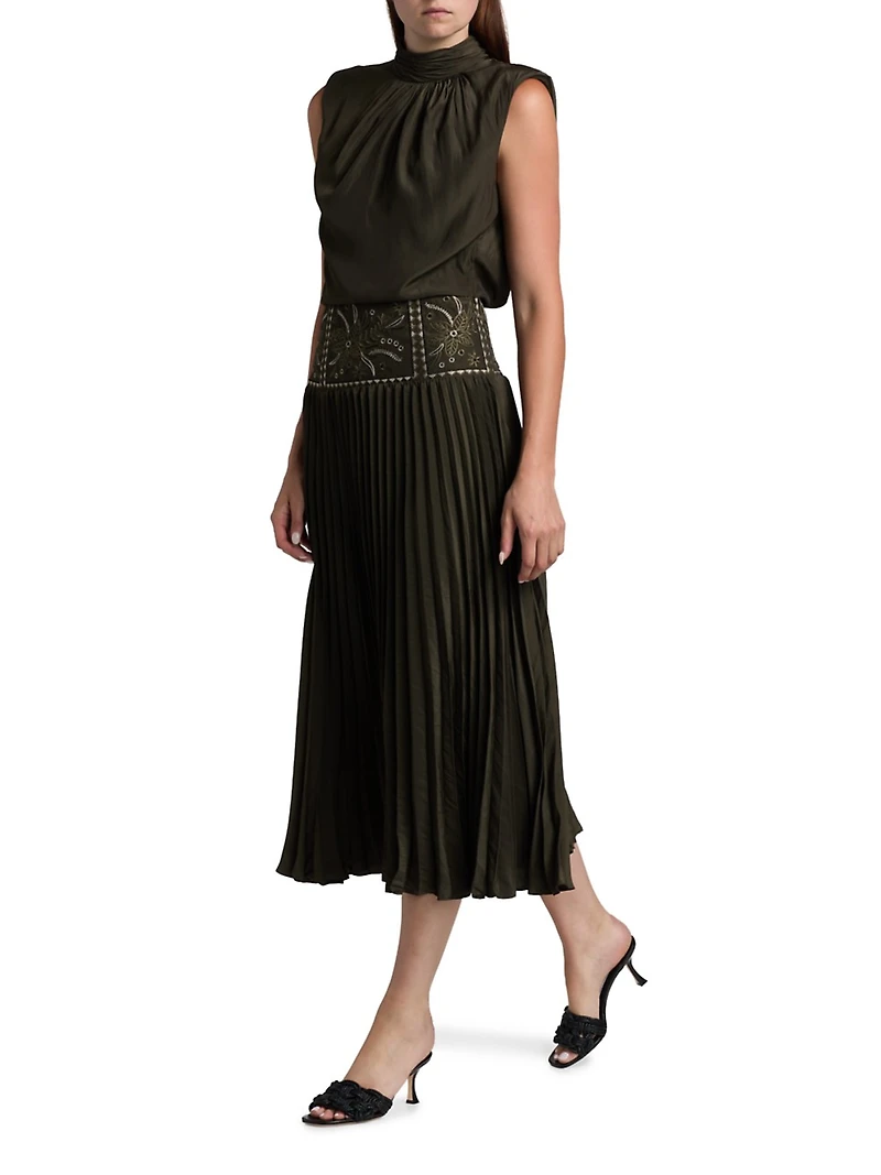 Kimberly Embroidered Pleated Midi-Dress