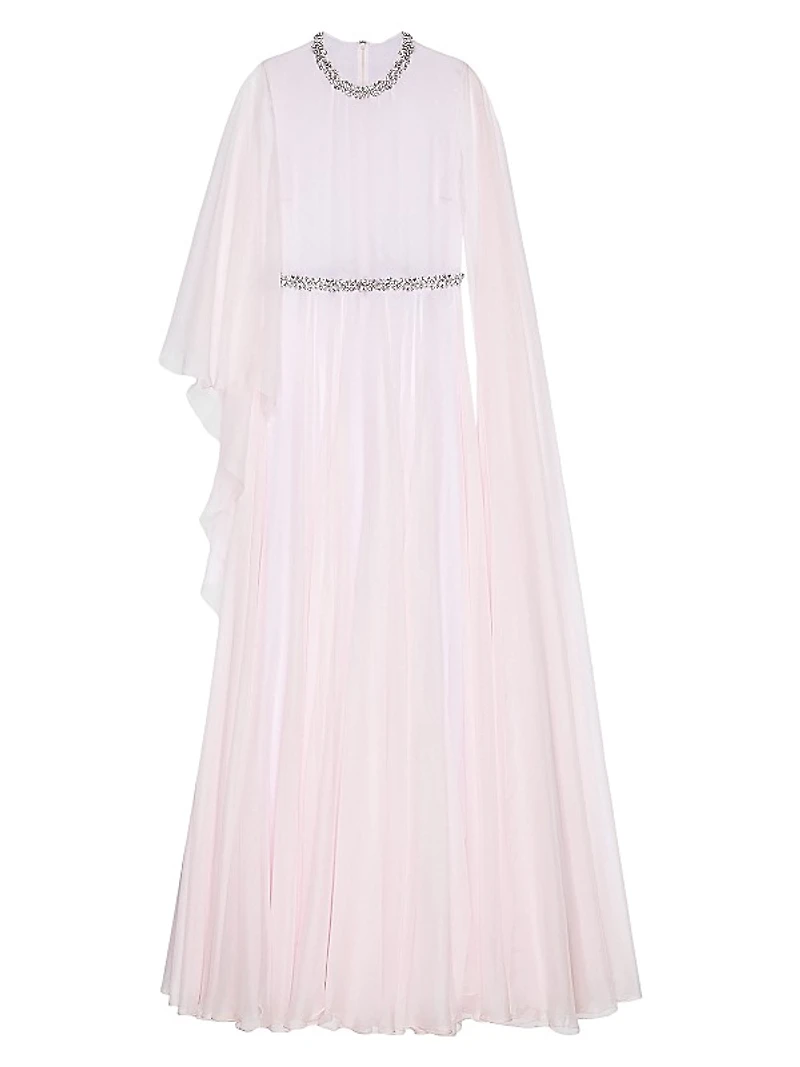 Draped Evening Dress in Chiffon with Crystals and Cape