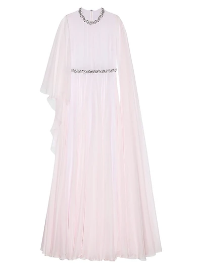 Draped Evening Dress in Chiffon with Crystals and Cape