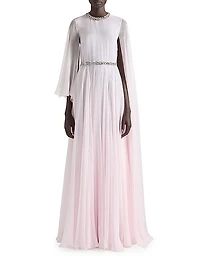 Draped Evening Dress in Chiffon with Crystals and Cape