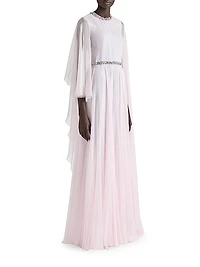 Draped Evening Dress in Chiffon with Crystals and Cape