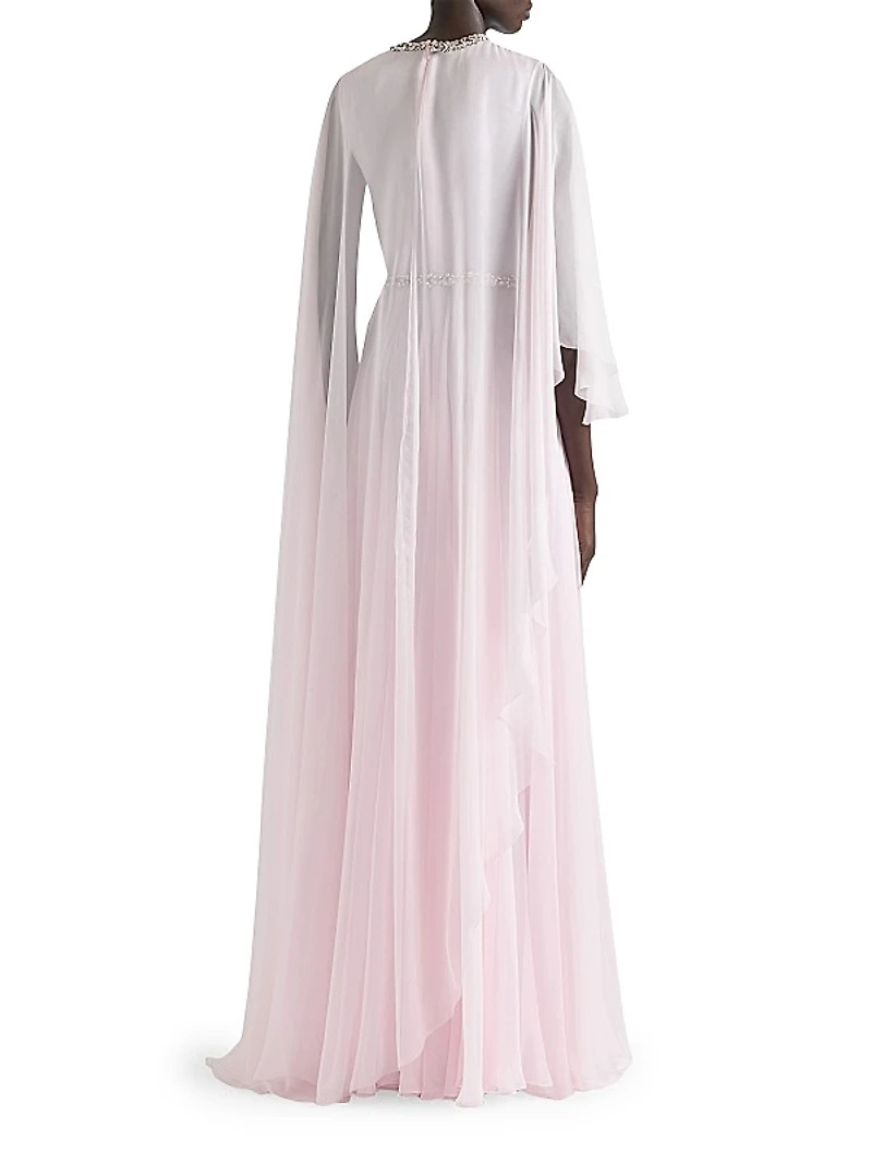 Draped Evening Dress in Chiffon with Crystals and Cape