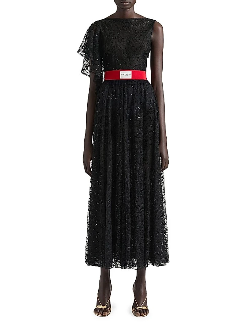 Asymmetric Dress in Lace with Sequins