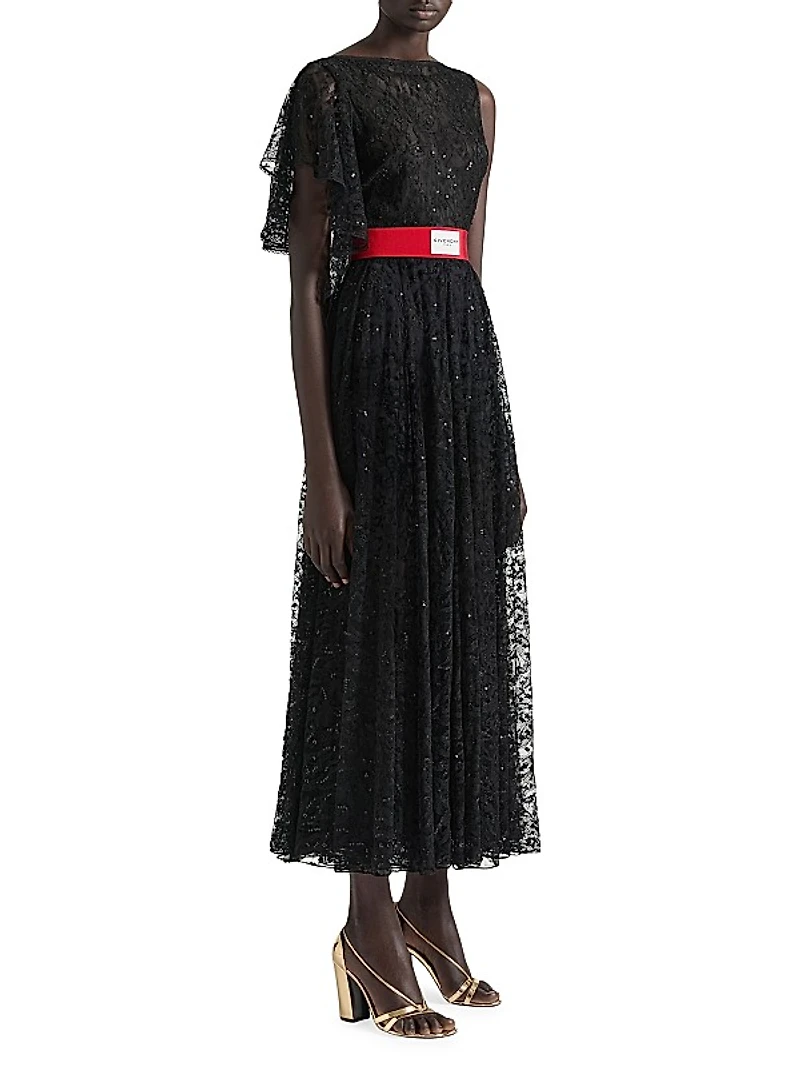 Asymmetric Dress in Lace with Sequins