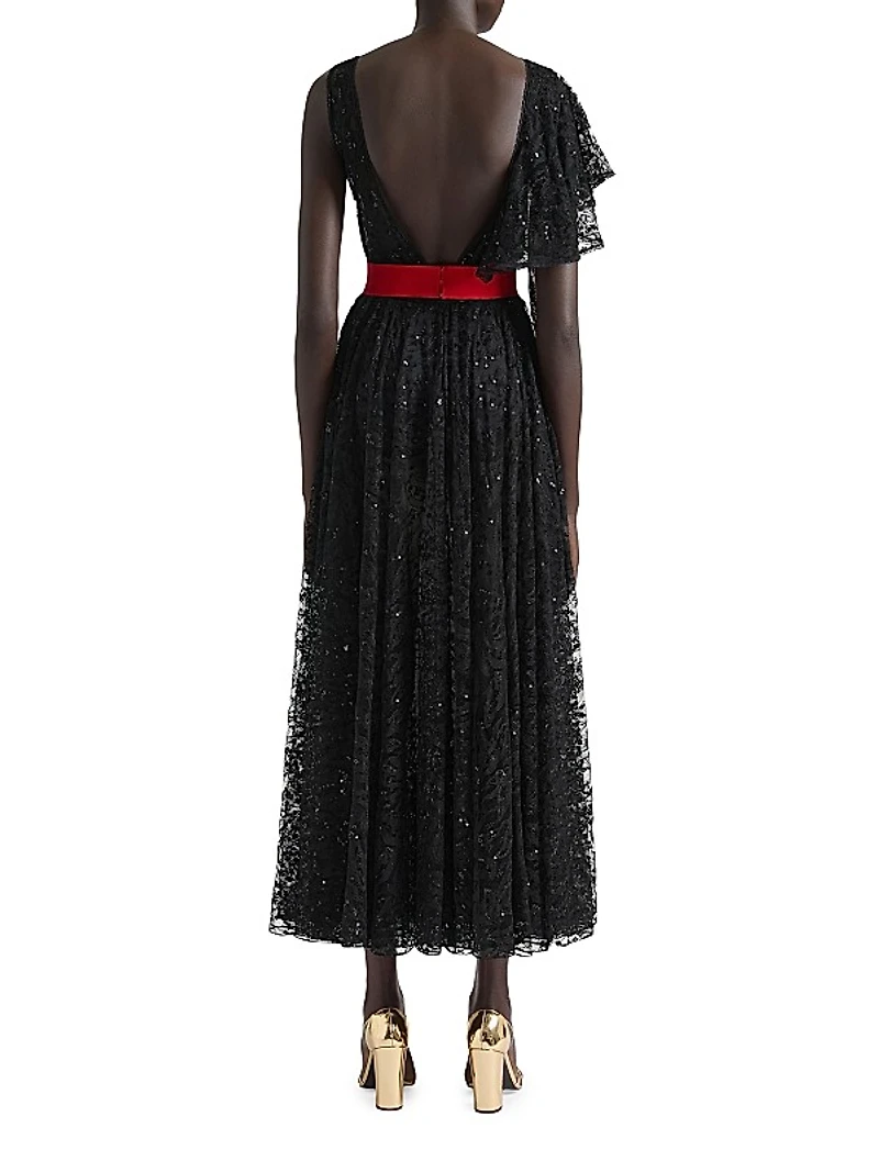Asymmetric Dress in Lace with Sequins