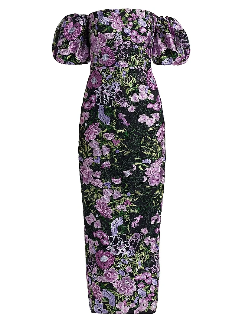 Nene Floral-Embroidered Mesh Off-The-Shoulder Maxi Dress