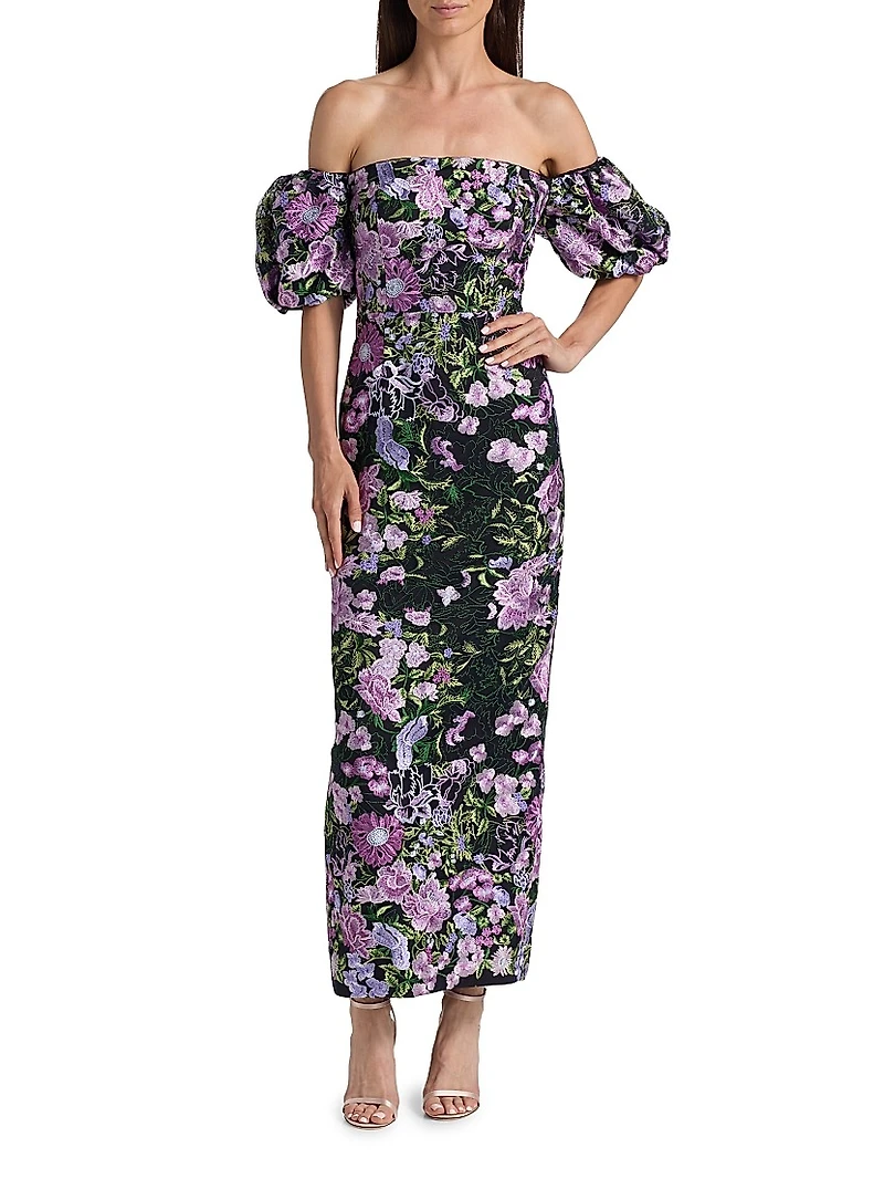 Nene Floral-Embroidered Mesh Off-The-Shoulder Maxi Dress