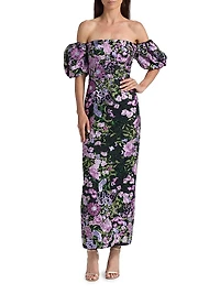 Nene Floral-Embroidered Mesh Off-The-Shoulder Maxi Dress