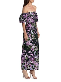 Nene Floral-Embroidered Mesh Off-The-Shoulder Maxi Dress